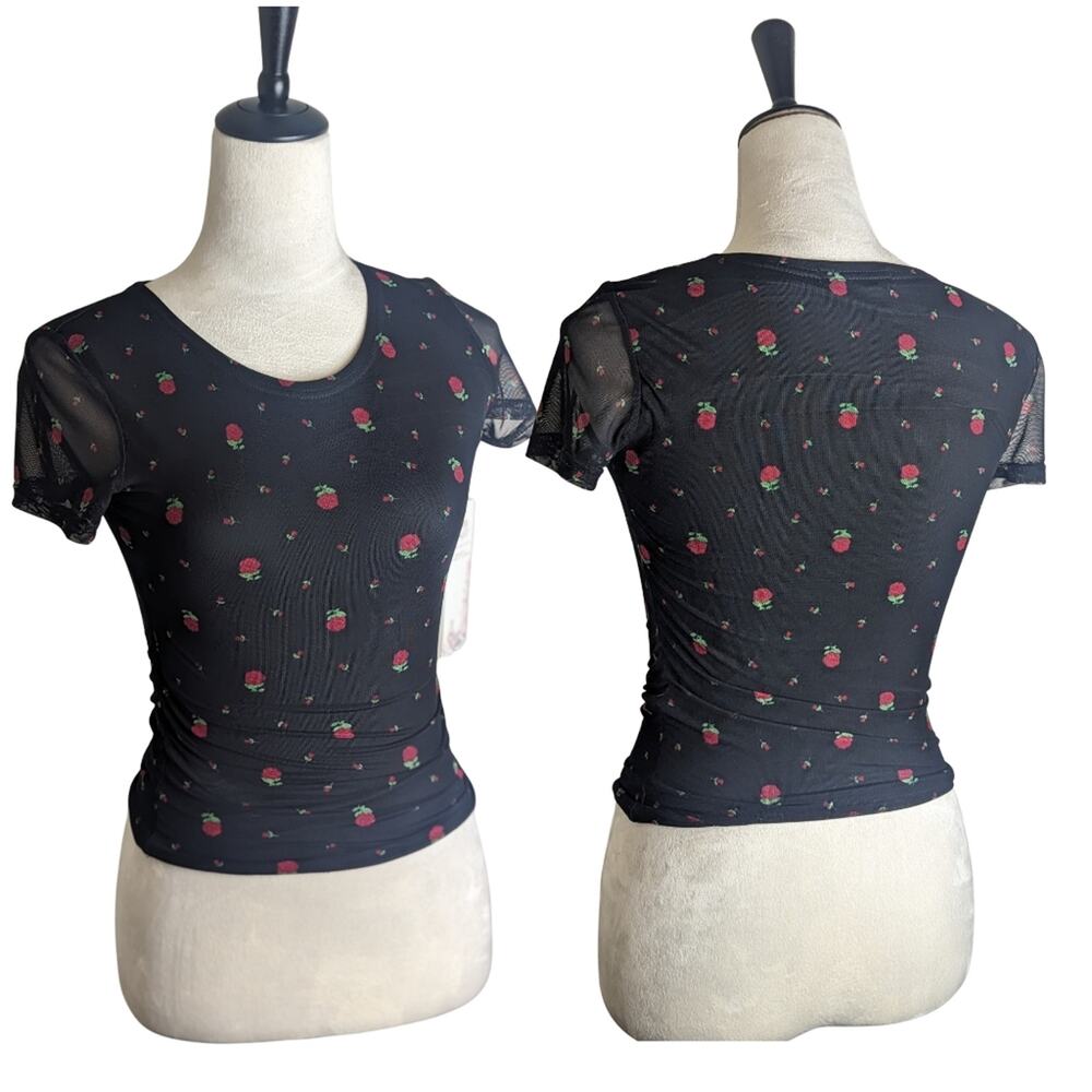 NWT Y2K Vibe Rose Print Stretch Sheer Black Mesh Sleeves Medium*